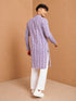 Men's Purple Kantha Work, Printed, Jacquard Knee Length Kurta Pant Set with Wide Leg Pant