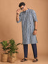 Men Blue Kantha Geometry & Indigo Print Cotton Kurta with Navy Blue Pant Set