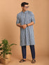 Men Blue Kantha Geometry & Indigo Print Cotton Kurta with Navy Blue Pant Set