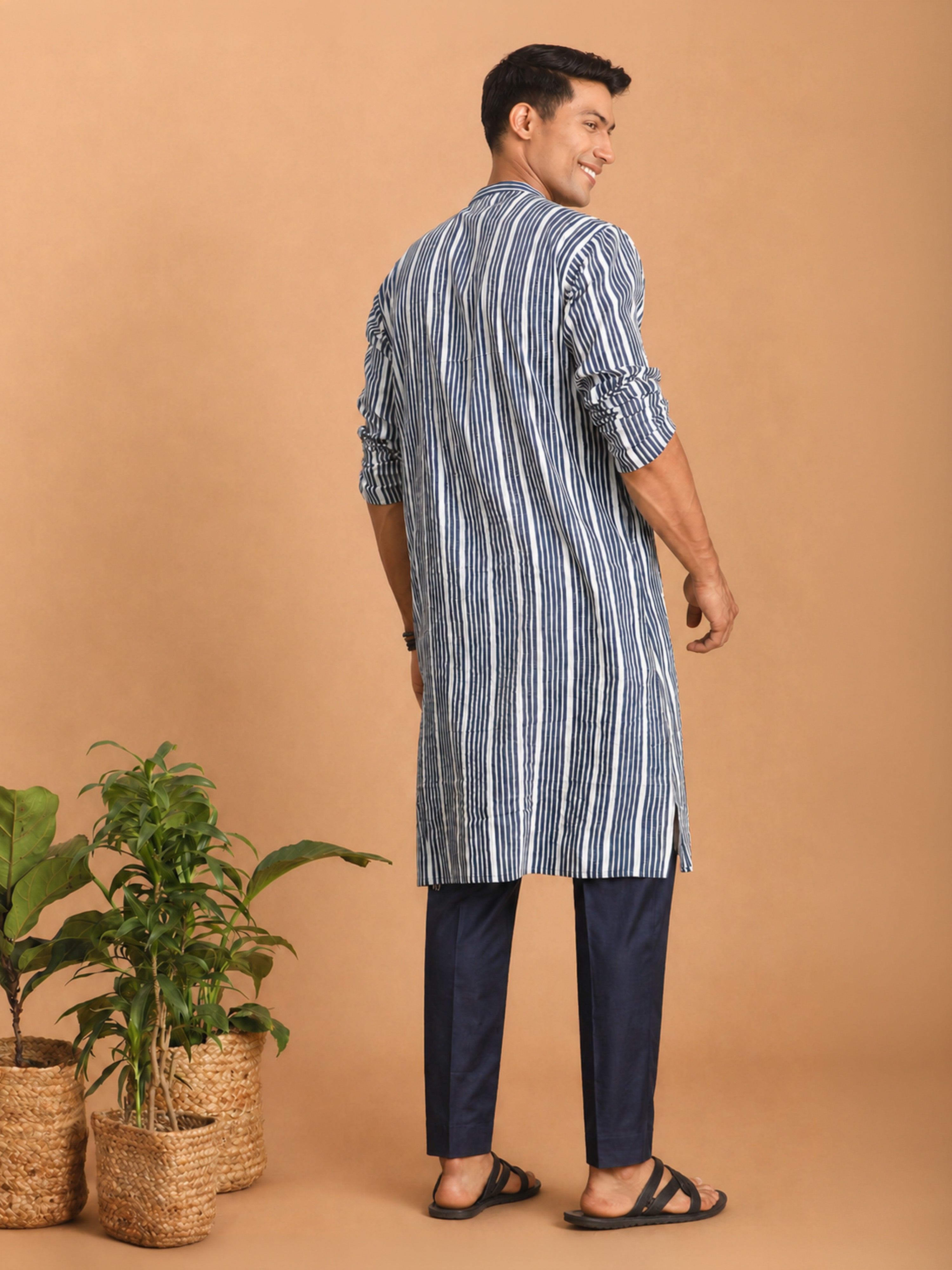 Men Blue Kantha Geometry & Indigo Print Cotton Kurta with Navy Blue Pant Set