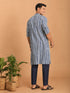 Men Blue Kantha Geometry & Indigo Print Cotton Kurta with Navy Blue Pant Set