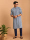 Men Blue Kantha Geometry & Indigo Print Cotton Kurta with Navy Blue Solid Cotton Pant Set