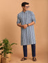Men Blue Kantha Geometry & Indigo Print Cotton Kurta with Navy Blue Solid Cotton Pant Set