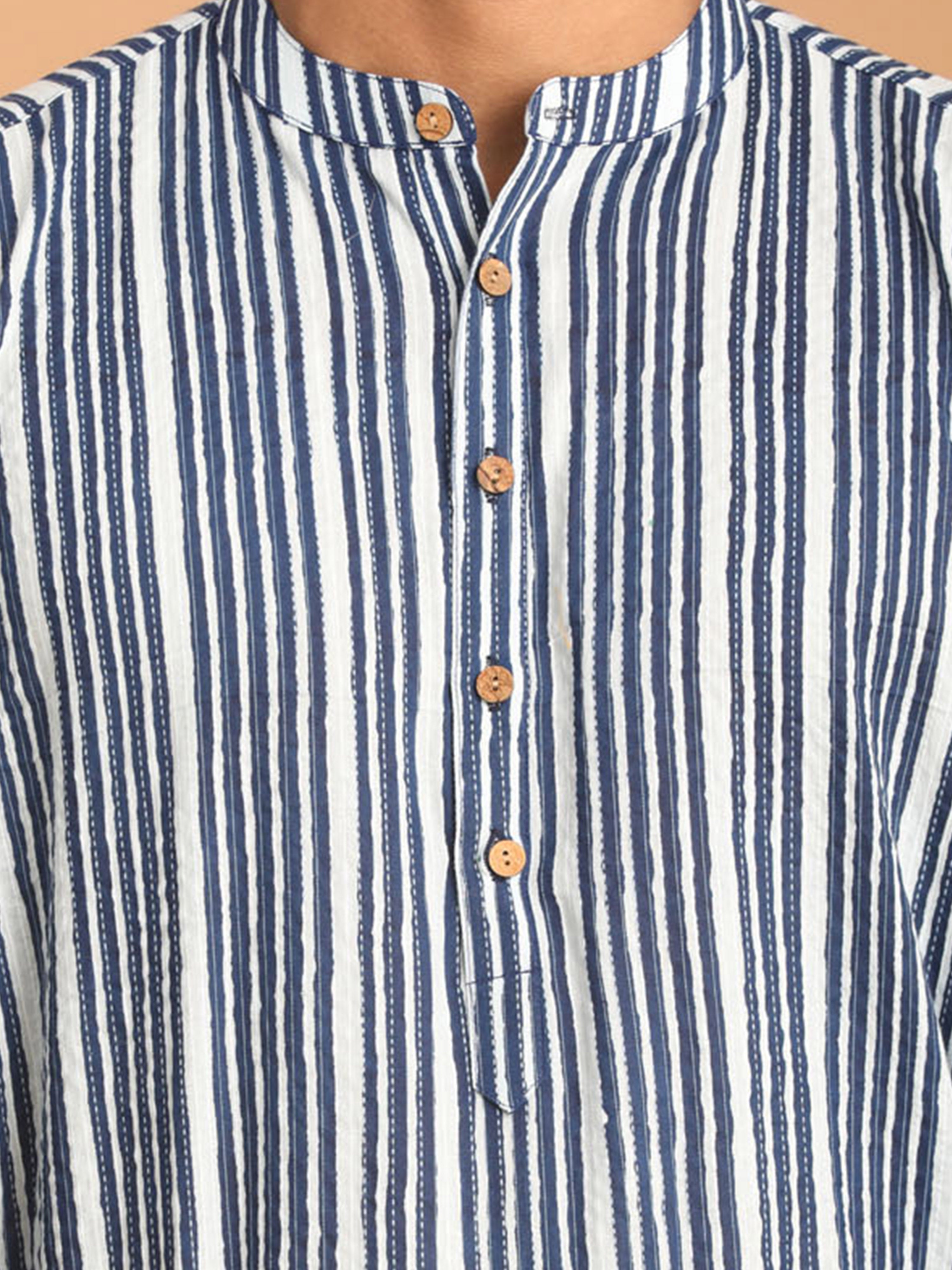 Men Blue Kantha Geometry & Indigo Print Cotton Kurta with Navy Blue Solid Cotton Pant Set