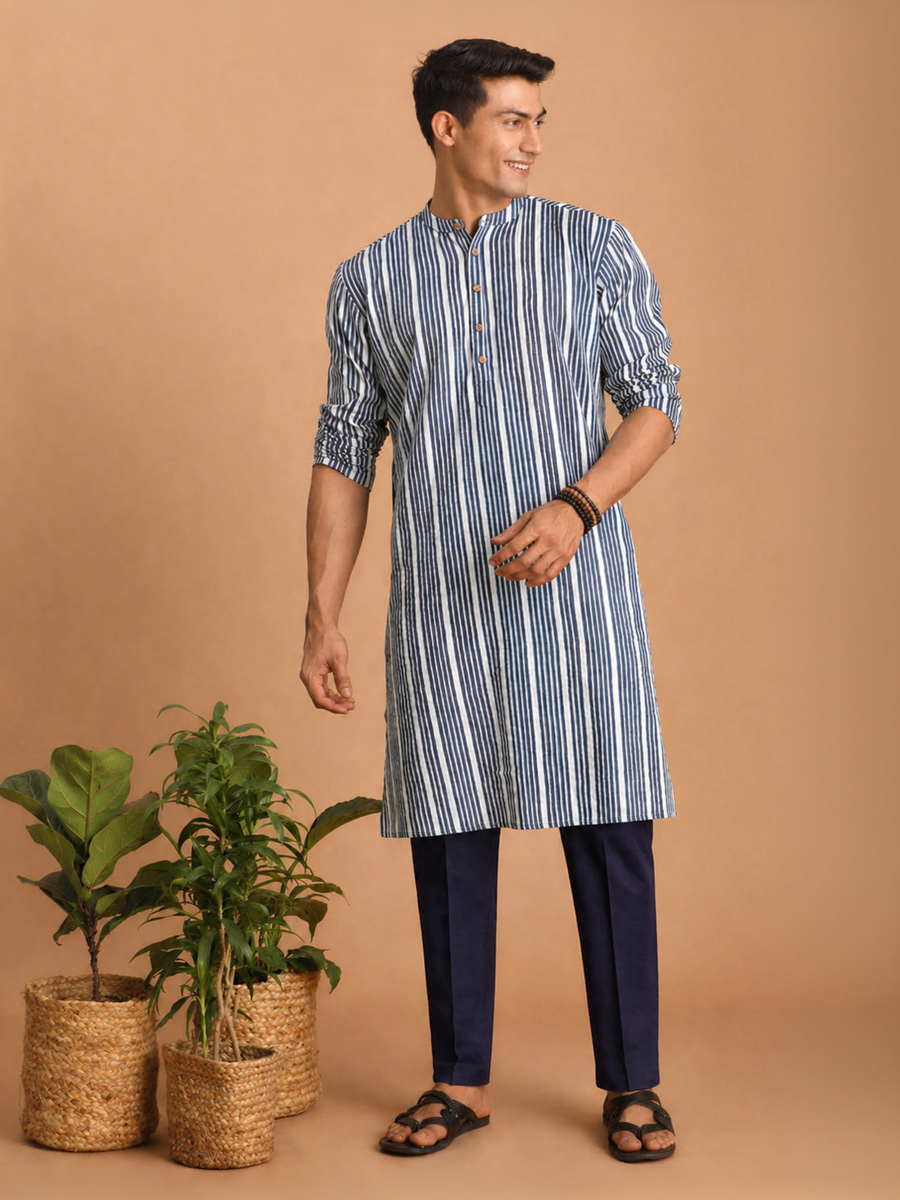 Men Blue Kantha Geometry & Indigo Print Cotton Kurta with Navy Blue Solid Cotton Pant Set