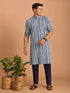 Men Blue Kantha Geometry & Indigo Print Cotton Kurta with Navy Blue Solid Cotton Pant Set