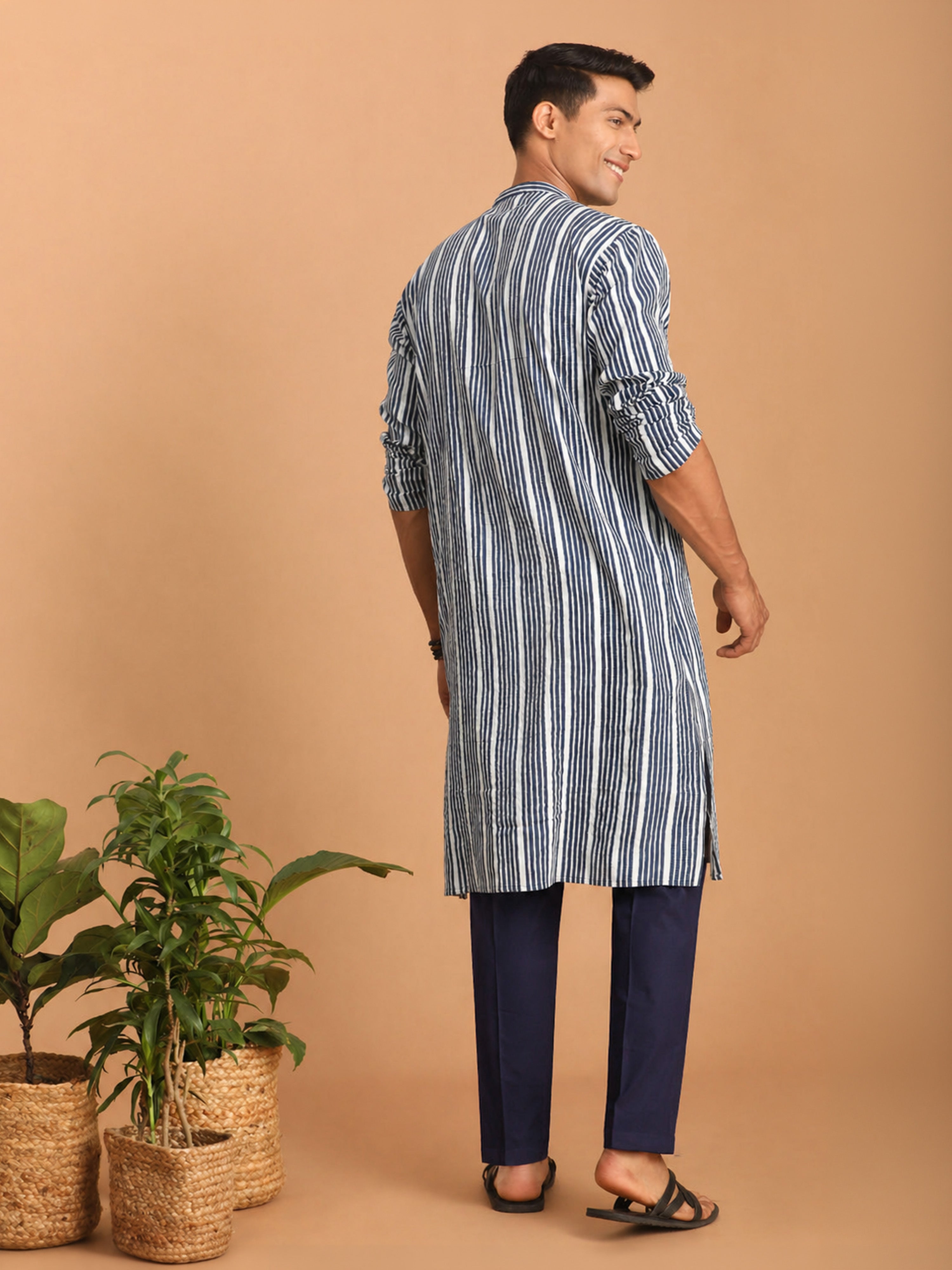 Men Blue Kantha Geometry & Indigo Print Cotton Kurta with Navy Blue Solid Cotton Pant Set