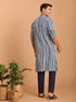 Men Blue Kantha Geometry & Indigo Print Cotton Kurta with Navy Blue Solid Cotton Pant Set