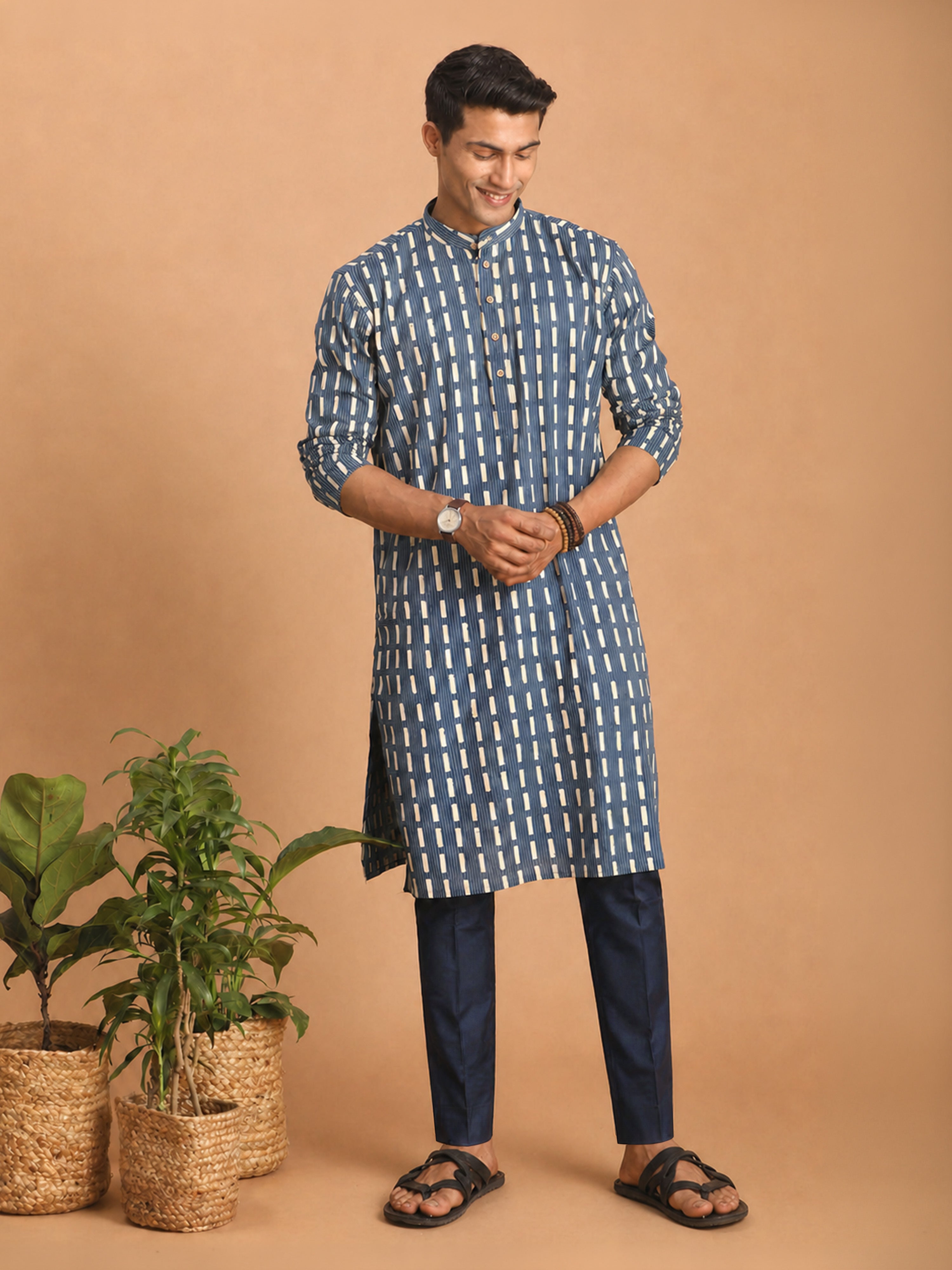 Men Blue Geometric Print & Kantha Work Cotton Kurta with Navy Blue Pant Set