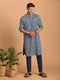 Men Blue Geometric Print & Kantha Work Cotton Kurta with Navy Blue Pant Set