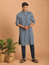 Men Blue Geometric Print & Kantha Work Cotton Kurta with Navy Blue Pant Set