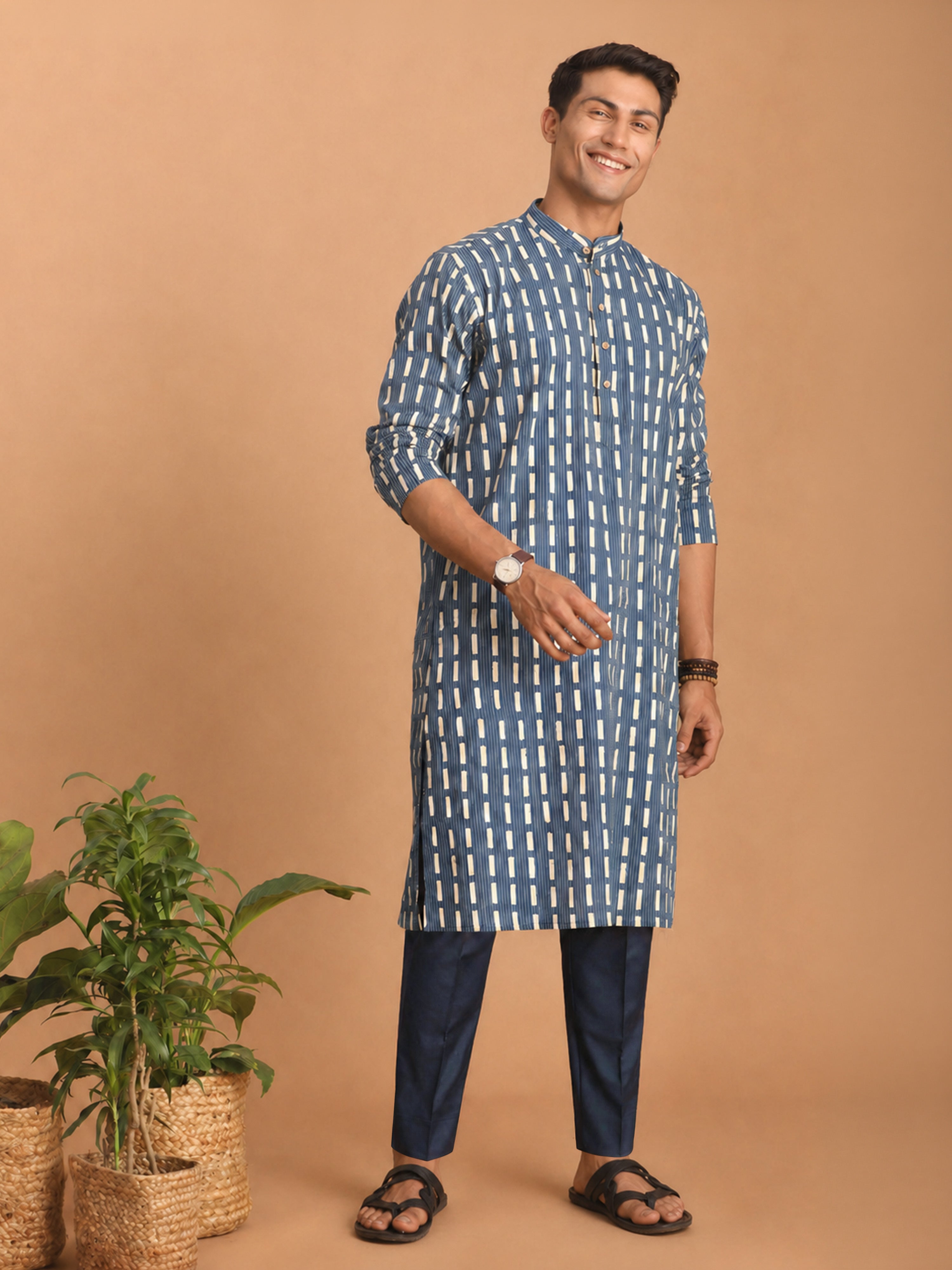 Men Blue Geometric Print & Kantha Work Cotton Kurta with Navy Blue Pant Set