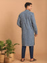 Men Blue Geometric Print & Kantha Work Cotton Kurta with Navy Blue Pant Set