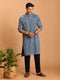 Men Blue Geometric Kantha & Screen Print Cotton Kurta with Navy Blue Solid Cotton Pant Set