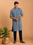 Men Blue Geometric Kantha & Screen Print Cotton Kurta with Navy Blue Solid Cotton Pant Set