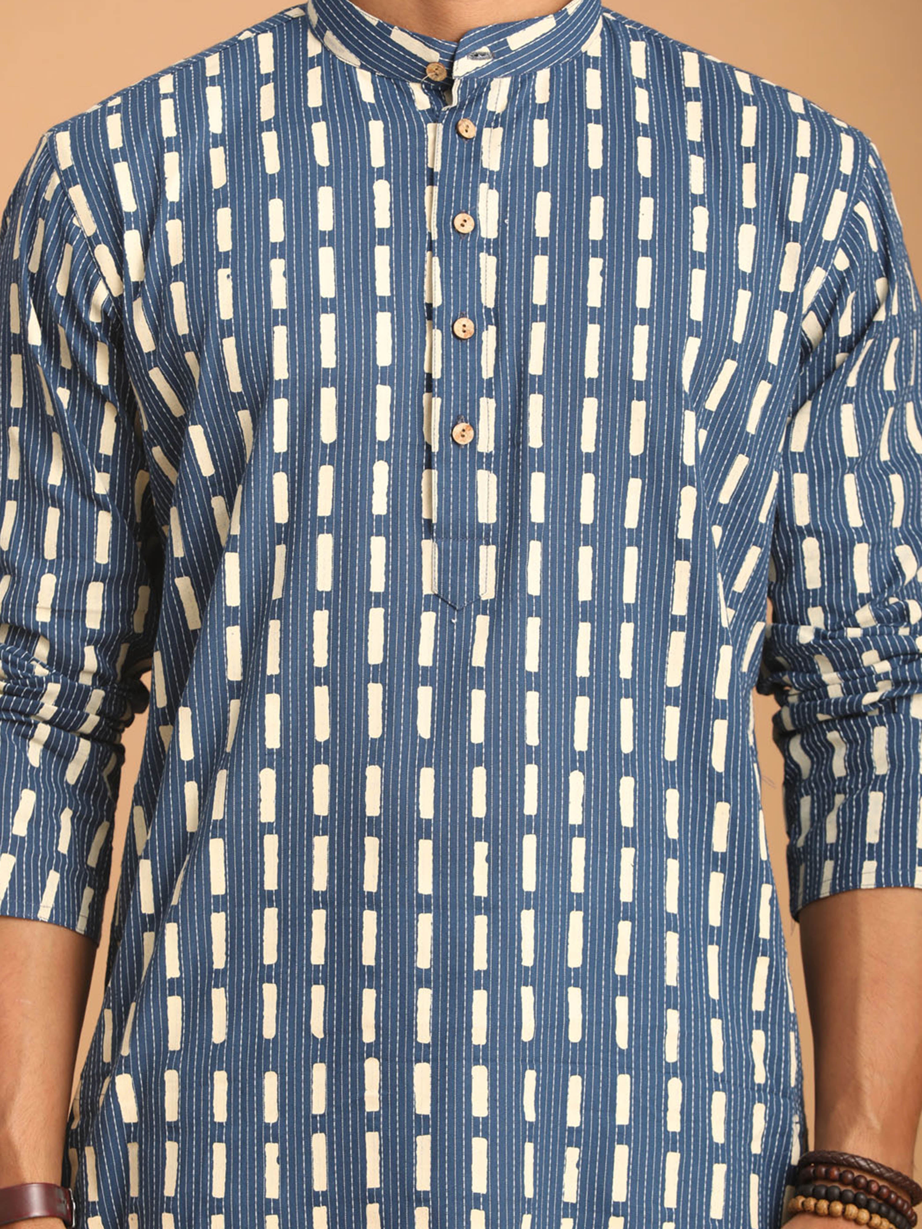 Men Blue Geometric Kantha & Screen Print Cotton Kurta with Navy Blue Solid Cotton Pant Set