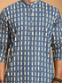 Men Blue Geometric Kantha & Screen Print Cotton Kurta with Navy Blue Solid Cotton Pant Set