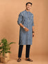 Men Blue Geometric Kantha & Screen Print Cotton Kurta with Navy Blue Solid Cotton Pant Set
