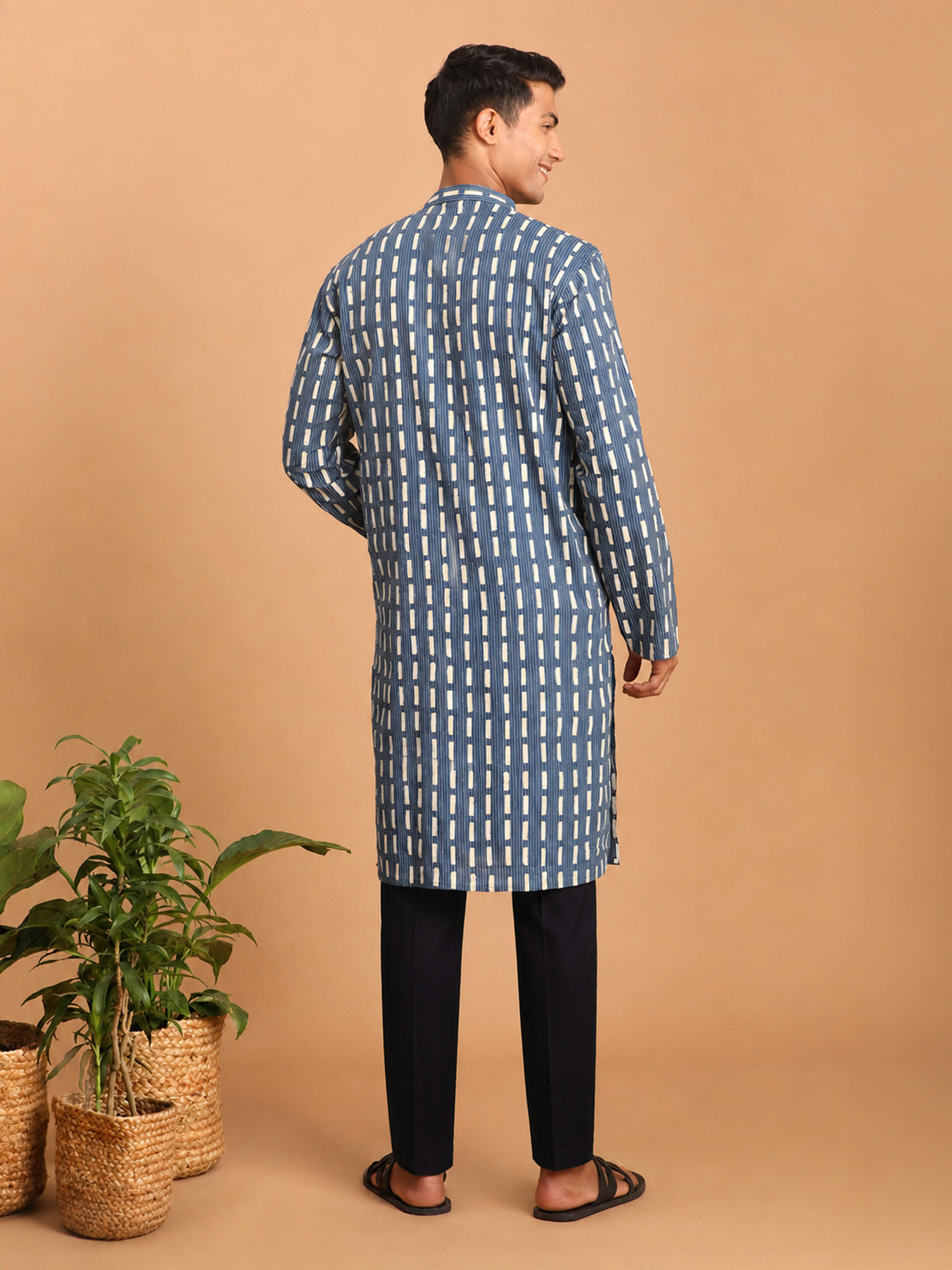 Men Blue Geometric Kantha & Screen Print Cotton Kurta with Navy Blue Solid Cotton Pant Set