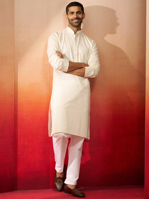 Men's Cream Thread Embroidered Kurta with Pyjama