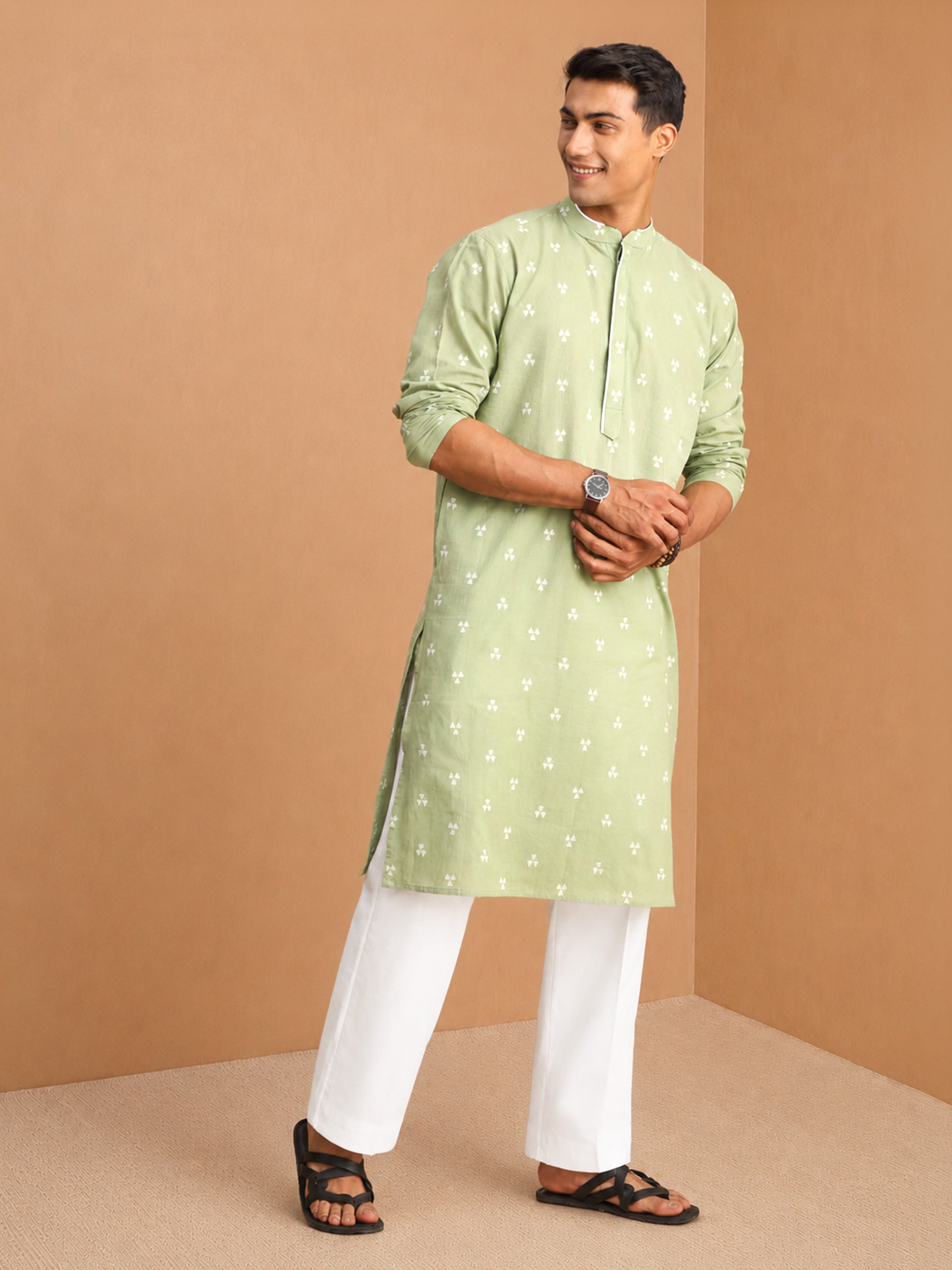 Men's Green Jacquard, Woven, Geometric Knee Length Kurta Pant Set with Wide Leg Pant