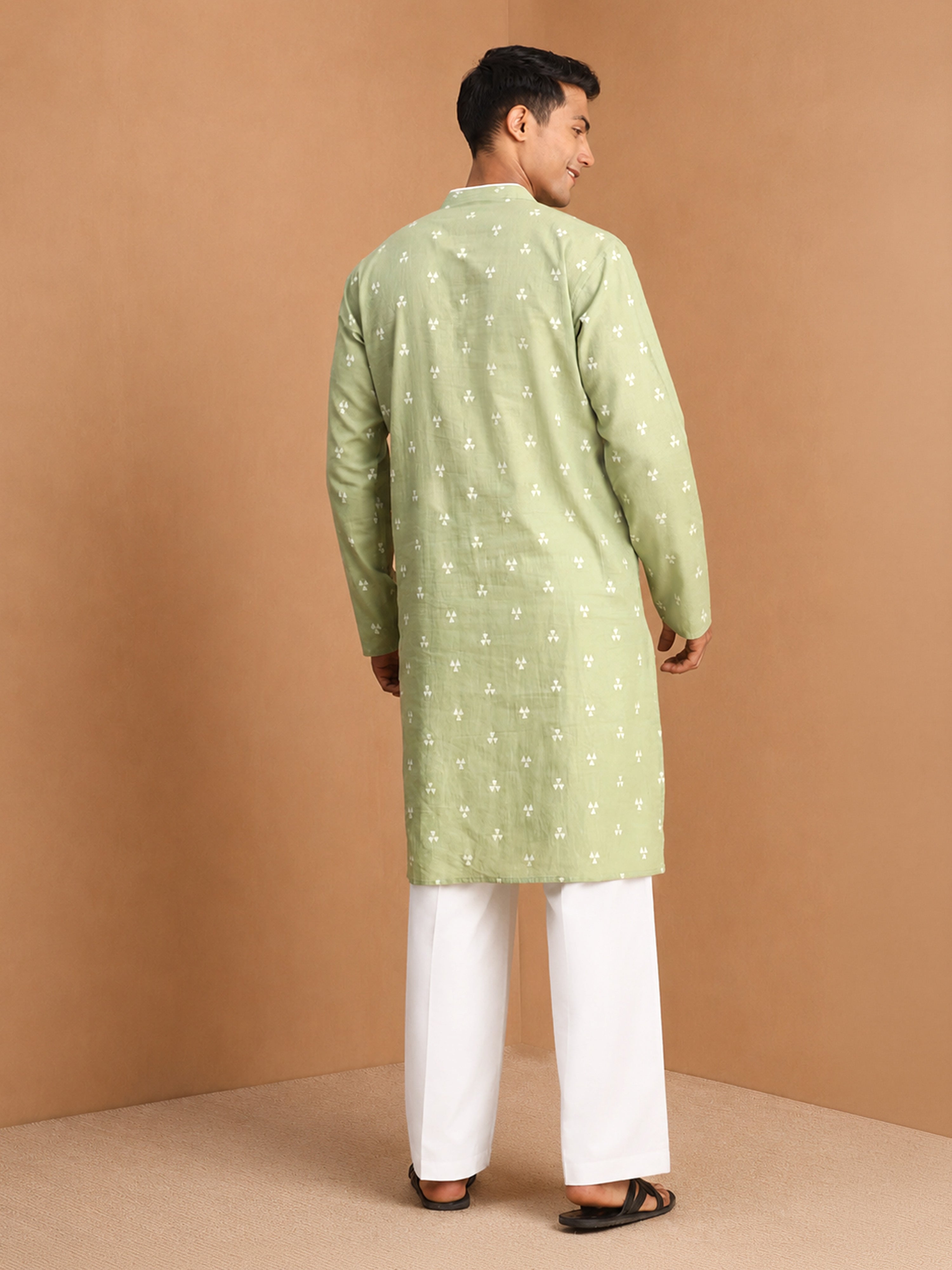 Men's Green Jacquard, Woven, Geometric Knee Length Kurta Pant Set with Wide Leg Pant