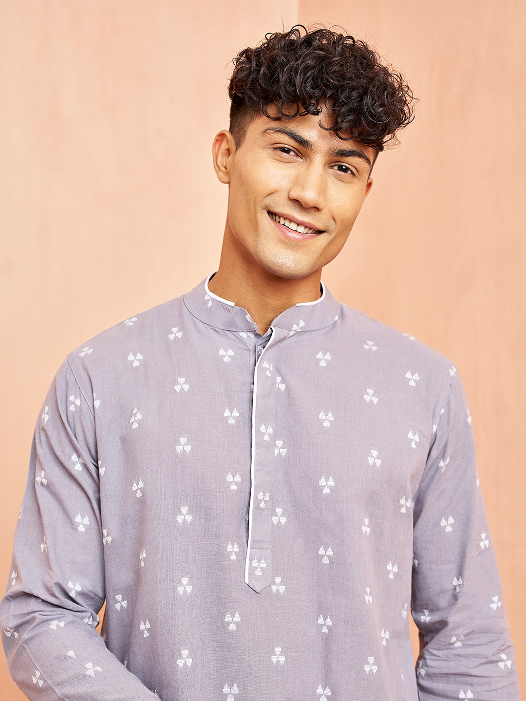 Men's Grey Geometric Booti Jacquard Kurta