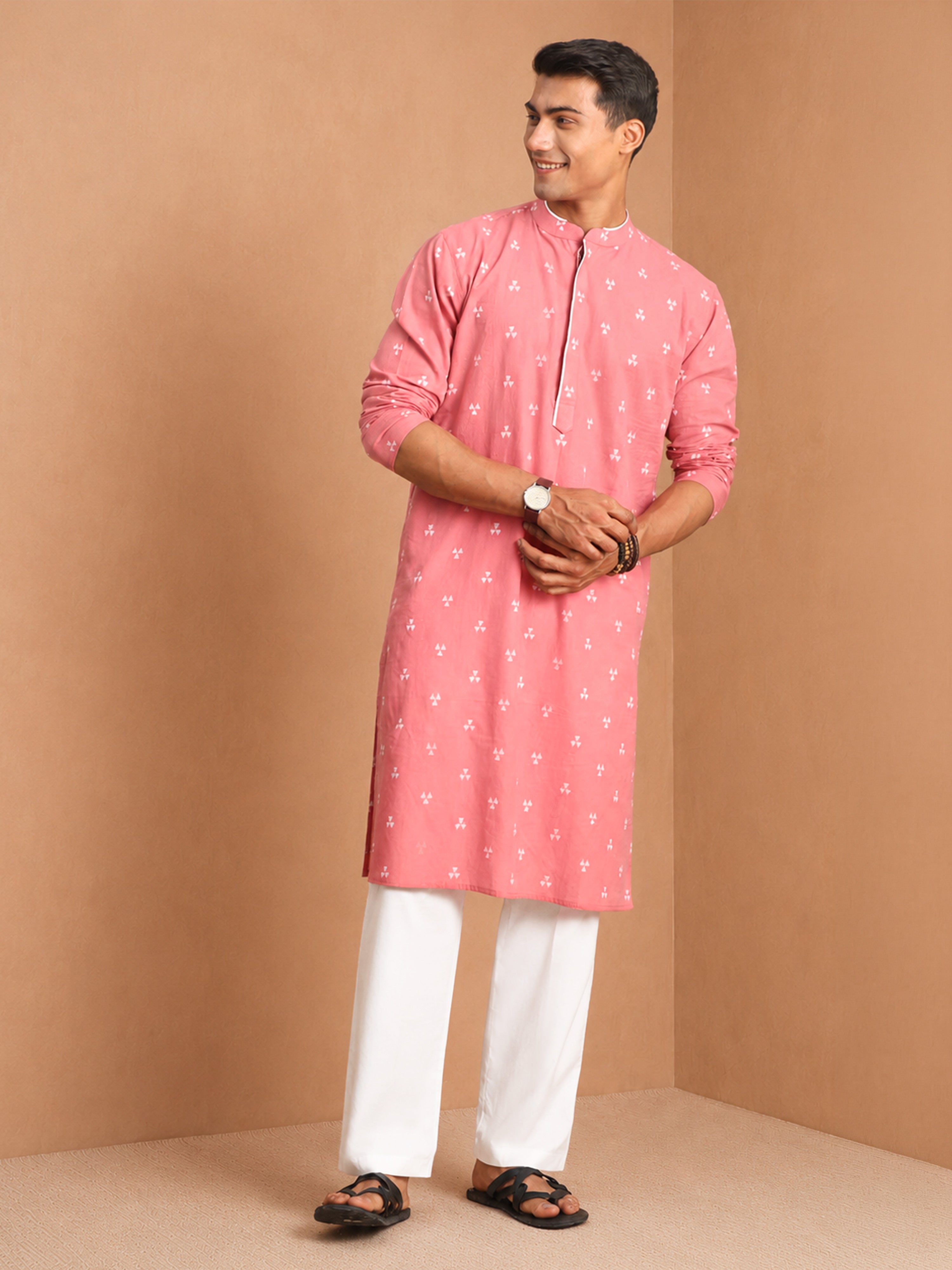 Men's Pink Jacquard, Woven, Geometric Knee Length Kurta Pant Set with Wide Leg Pant