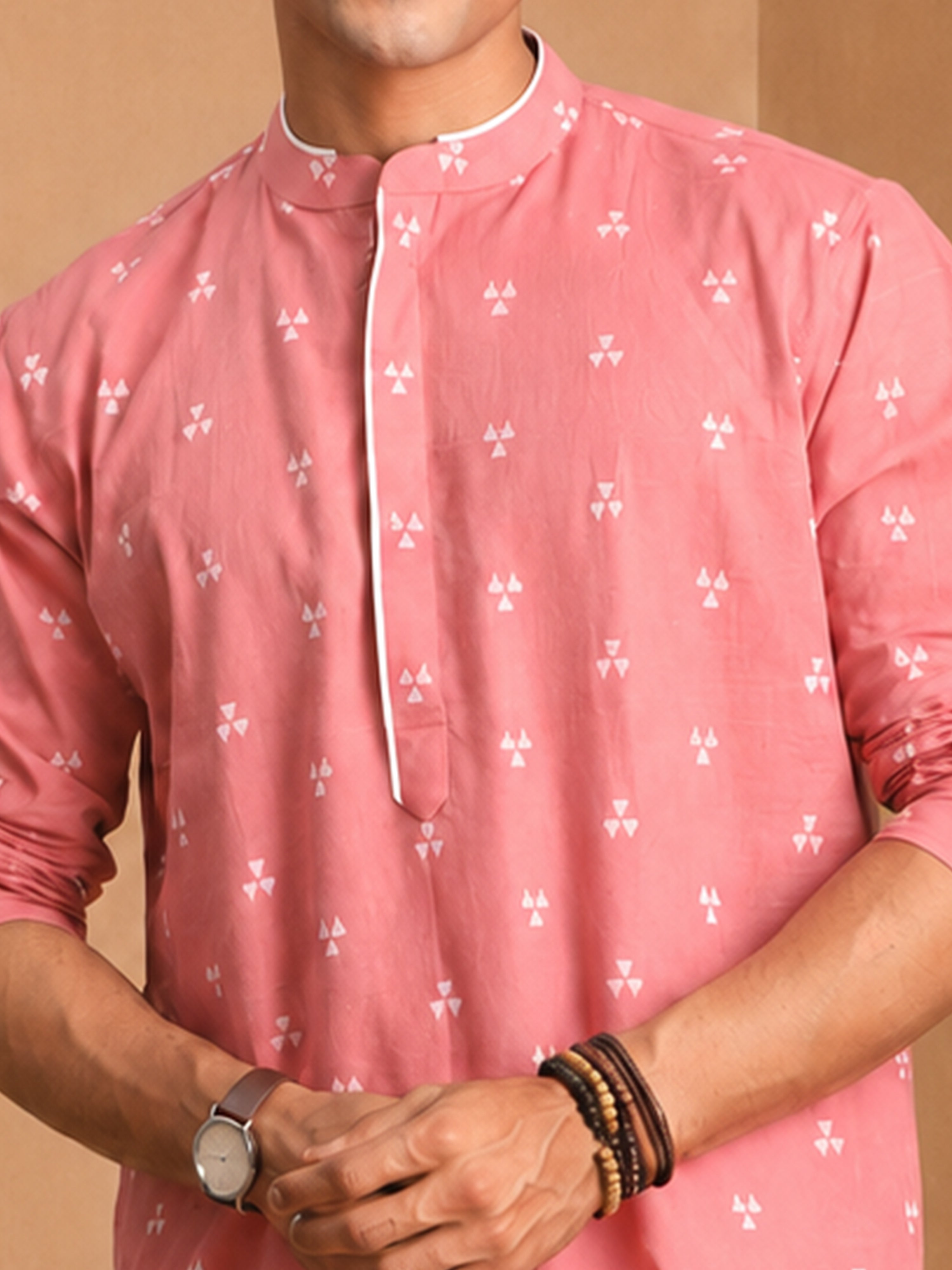 Men's Pink Jacquard Geometric Knee Length Kurta Pant Set