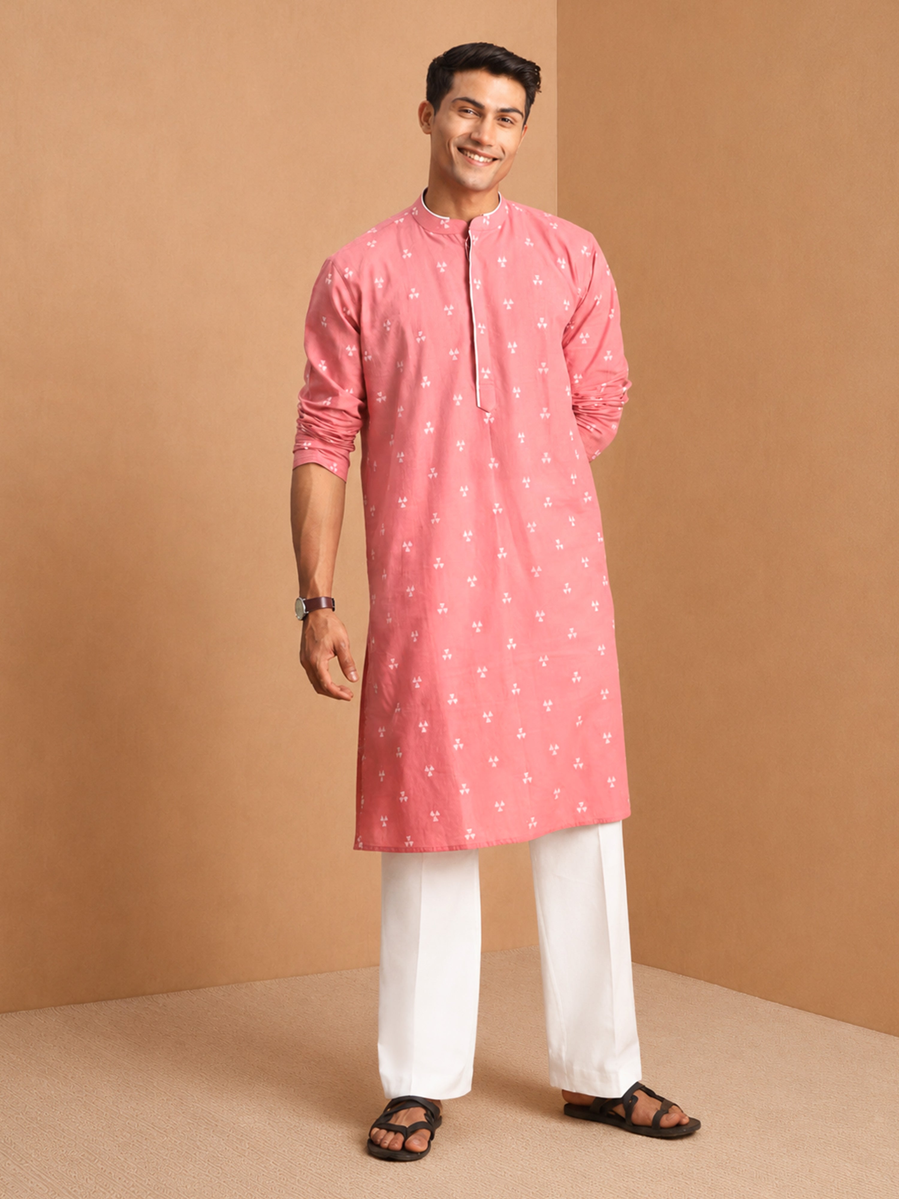 Men's Pink Jacquard, Woven, Geometric Knee Length Kurta Pant Set with Wide Leg Pant