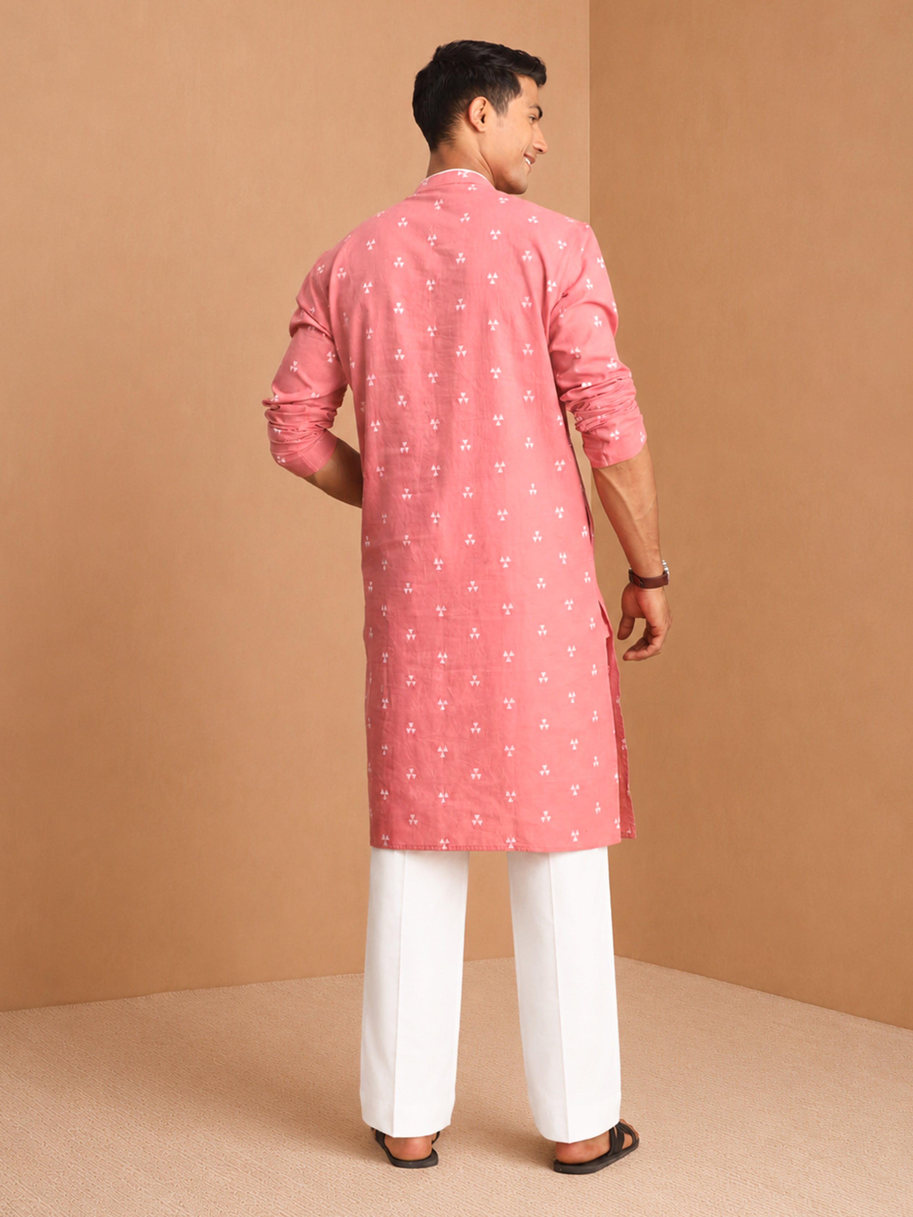 Men's Pink Jacquard, Woven, Geometric Knee Length Kurta Pant Set with Wide Leg Pant