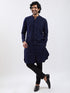 Men Navy Blue Jacquard Kurta with Black Satin Pyjama