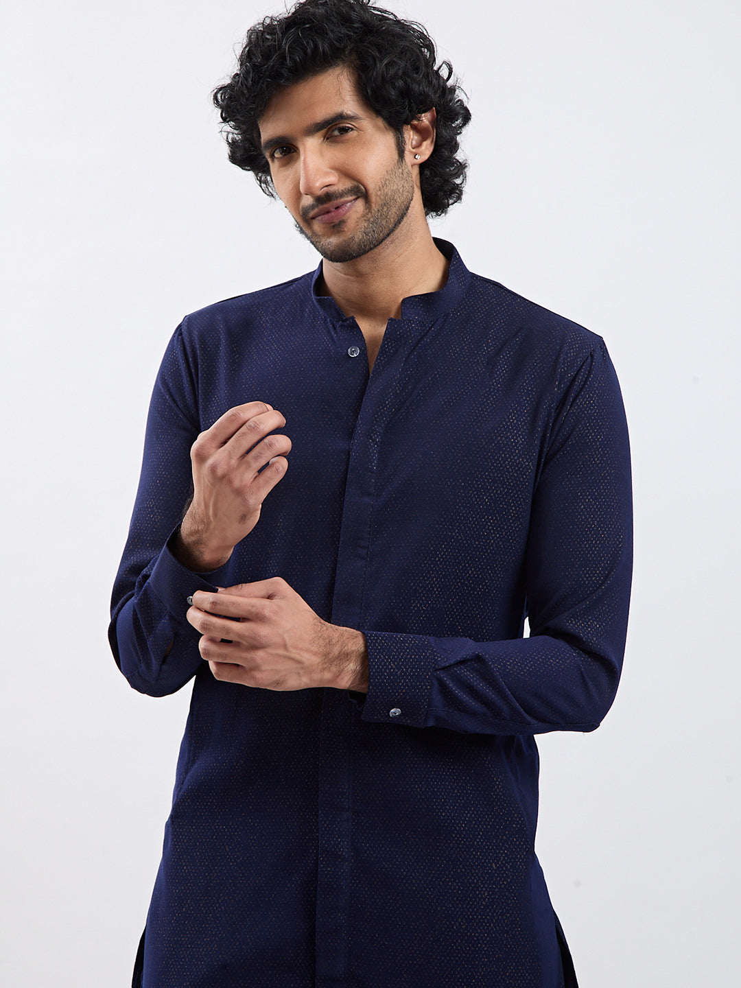 Men Navy Blue Jacquard Kurta with Black Satin Pyjama