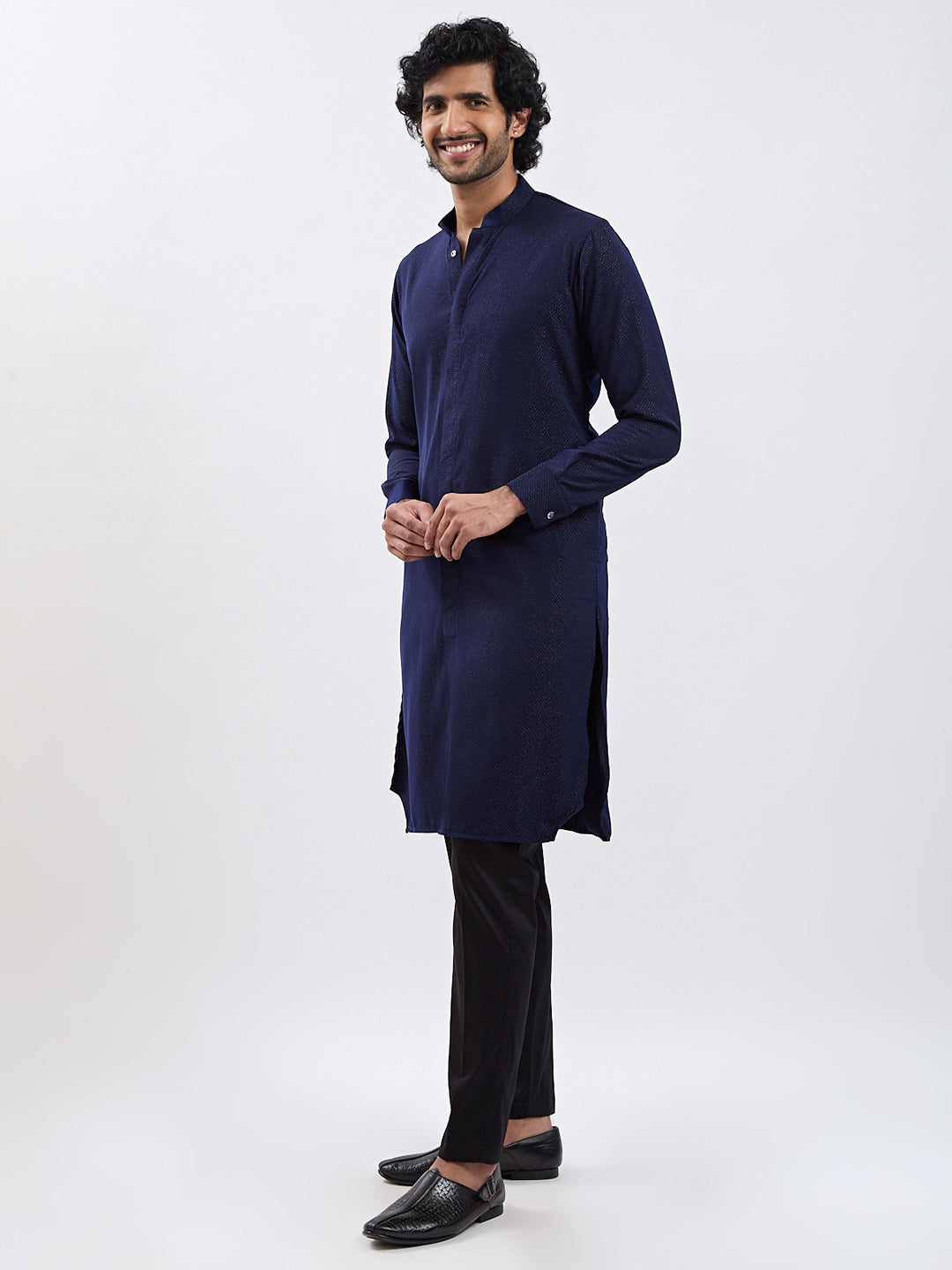 Men Navy Blue Jacquard Kurta with Black Satin Pyjama