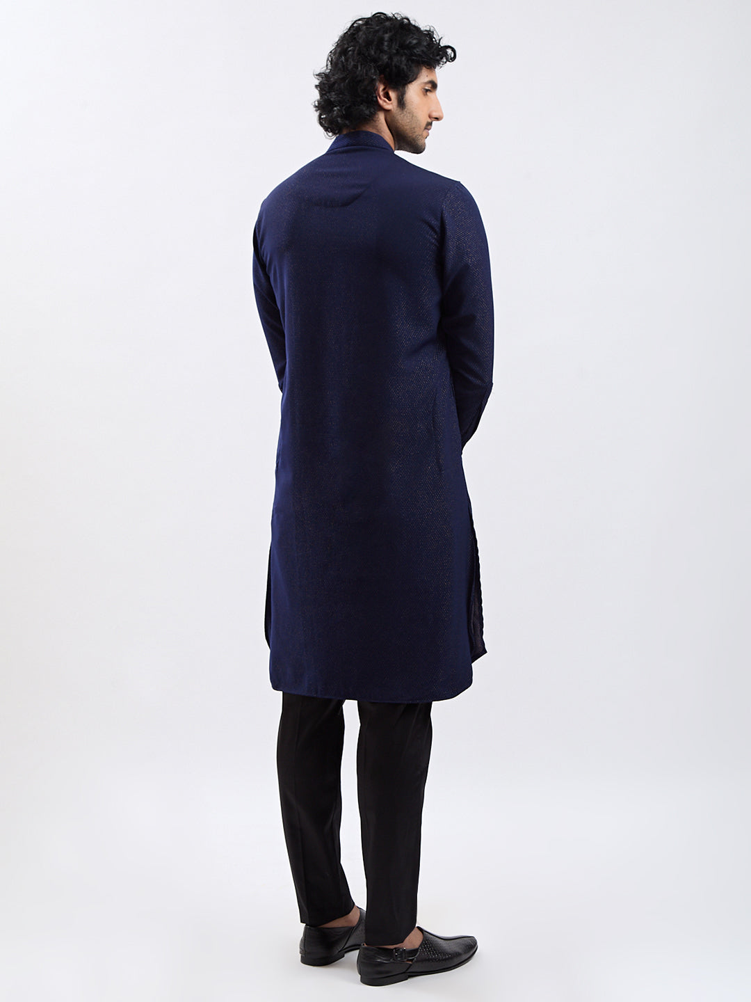 Men Navy Blue Jacquard Kurta with Black Satin Pyjama