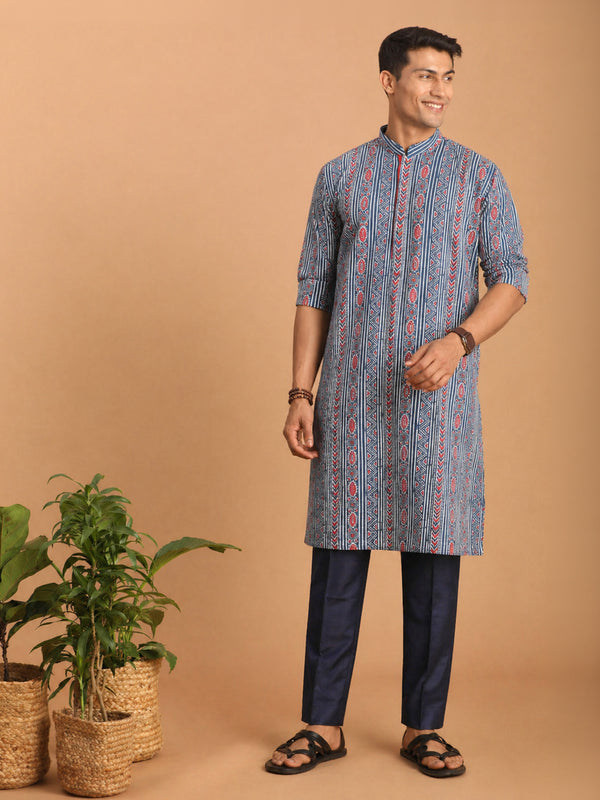 Men Blue Ethnic Motif & Kantha Print Cotton Kurta with Navy Blue Pant Set
