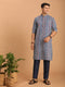 Men Blue Ethnic Motif & Kantha Print Cotton Kurta with Navy Blue Pant Set