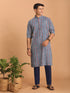 Men Blue Ethnic Motif & Kantha Print Cotton Kurta with Navy Blue Pant Set