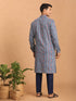 Men Blue Ethnic Motif & Kantha Print Cotton Kurta with Navy Blue Pant Set