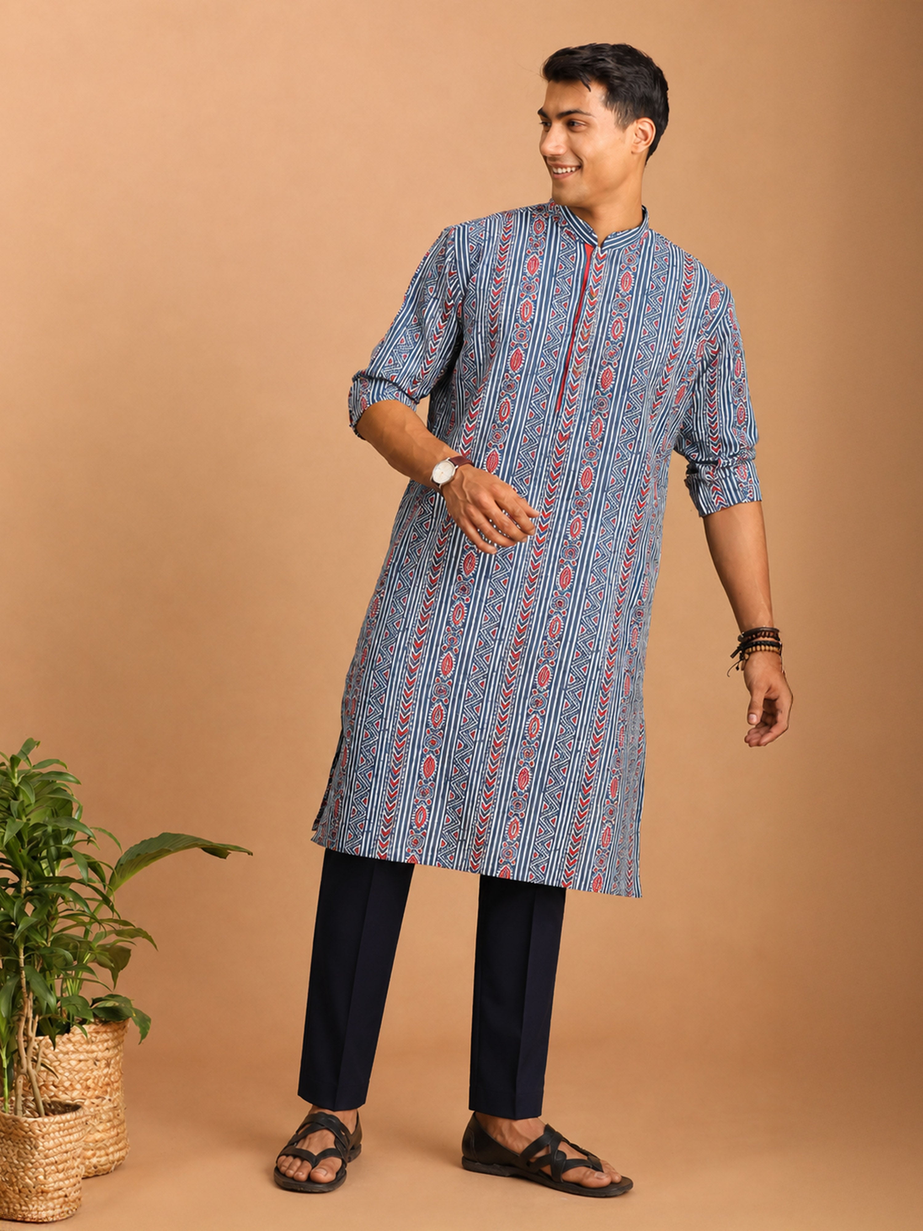 Men Blue Ethnic Motif & Kantha Print Cotton Kurta with Navy Blue Solid Cotton Pant Set