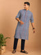 Men Blue Ethnic Motif & Kantha Print Cotton Kurta with Navy Blue Solid Cotton Pant Set