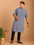 Men Blue Ethnic Motif & Kantha Print Cotton Kurta with Navy Blue Solid Cotton Pant Set