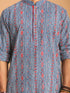Men Blue Ethnic Motif & Kantha Print Cotton Kurta with Navy Blue Solid Cotton Pant Set