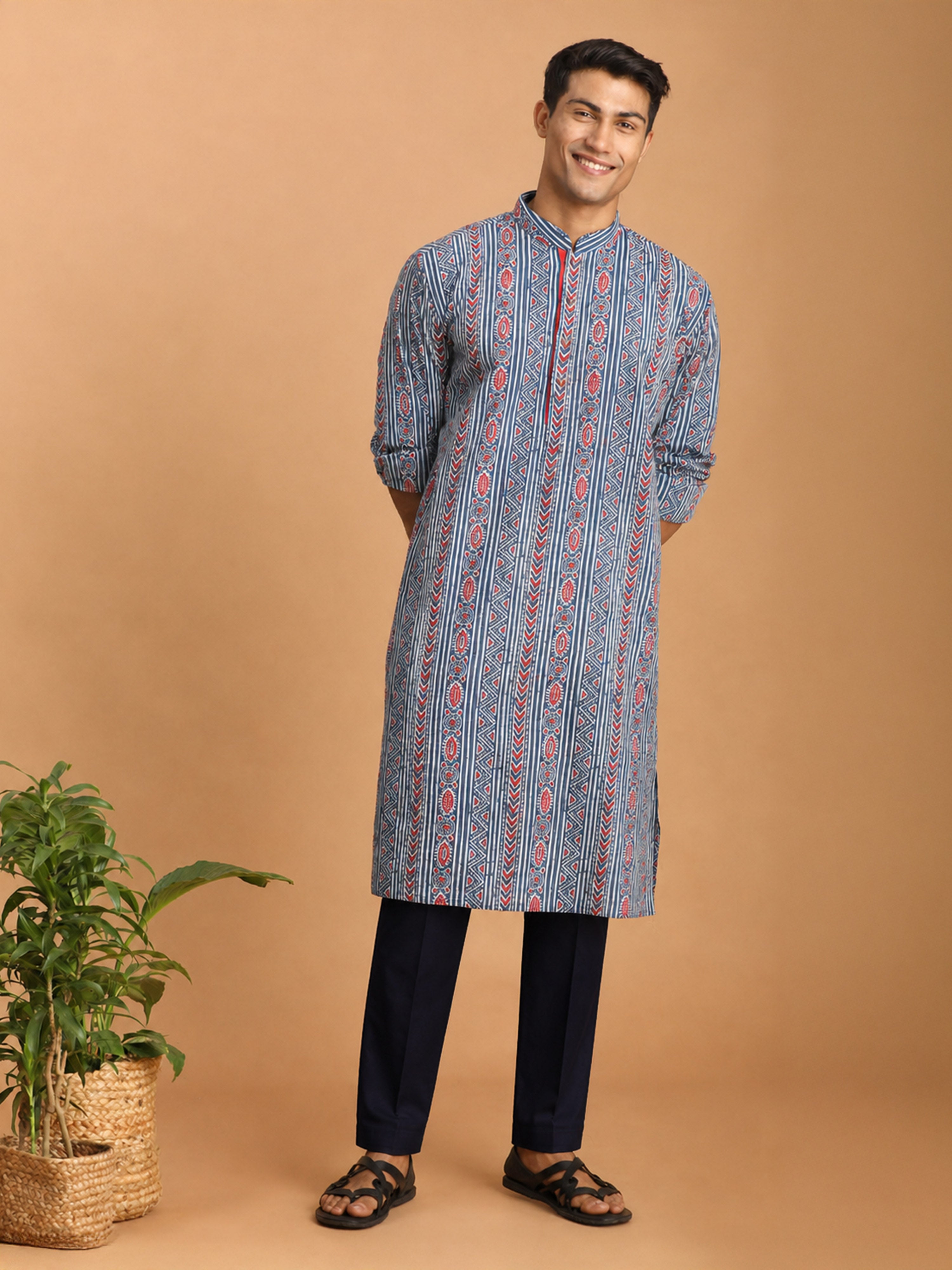 Men Blue Ethnic Motif & Kantha Print Cotton Kurta with Navy Blue Solid Cotton Pant Set
