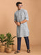 Men Blue Kantha & Ethnic Motif Screen Print Cotton Kurta with Navy Blue Pant Set