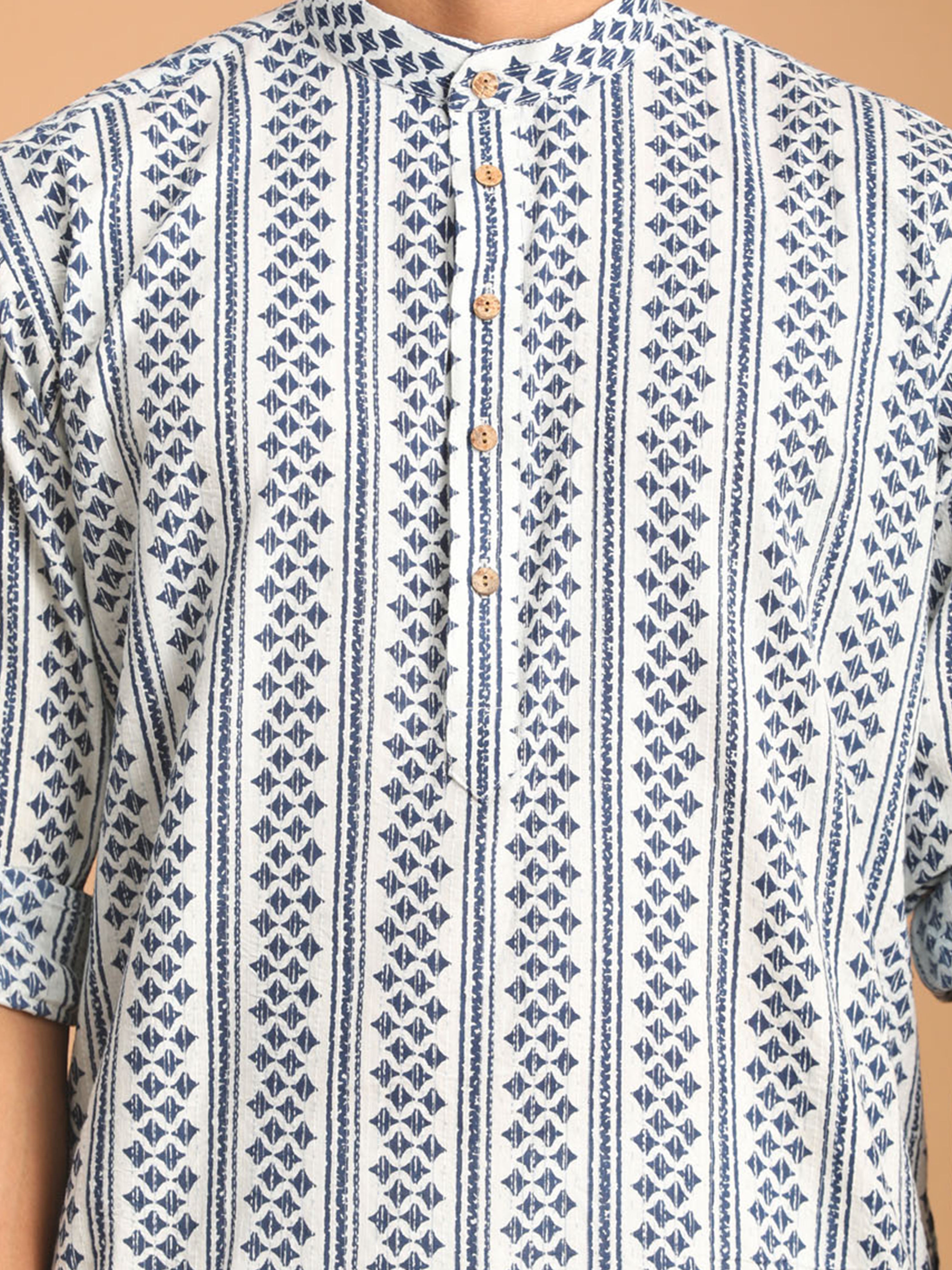 Men Blue Kantha & Ethnic Motif Screen Print Cotton Kurta with Navy Blue Pant Set