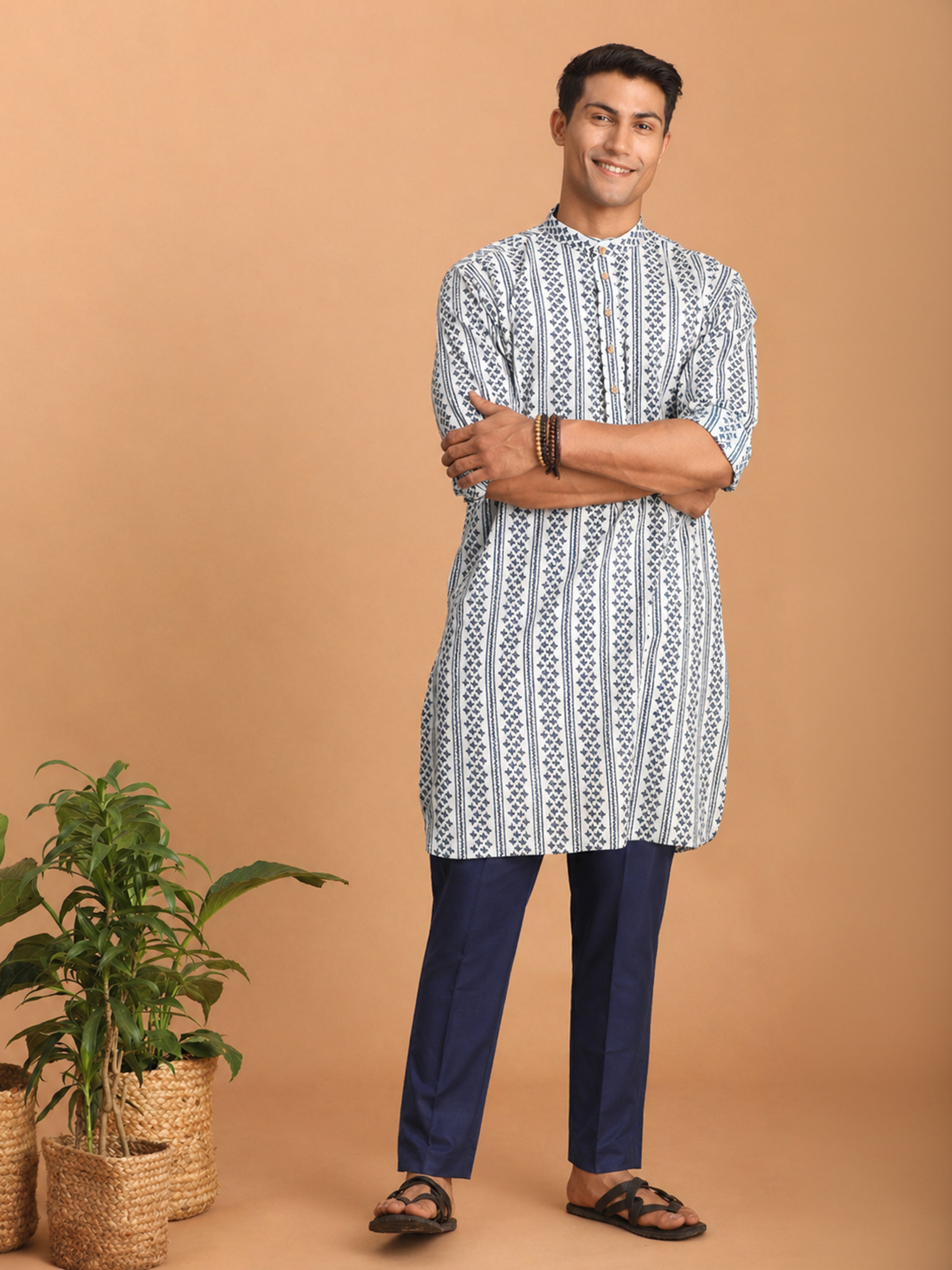 Men Blue Kantha & Ethnic Motif Screen Print Cotton Kurta with Navy Blue Pant Set