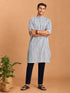 Men Blue Kantha & Ethnic Motif Screen Print Cotton Kurta with Navy Blue Solid Cotton Pant Set