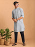 Men Blue Kantha & Ethnic Motif Screen Print Cotton Kurta with Navy Blue Solid Cotton Pant Set