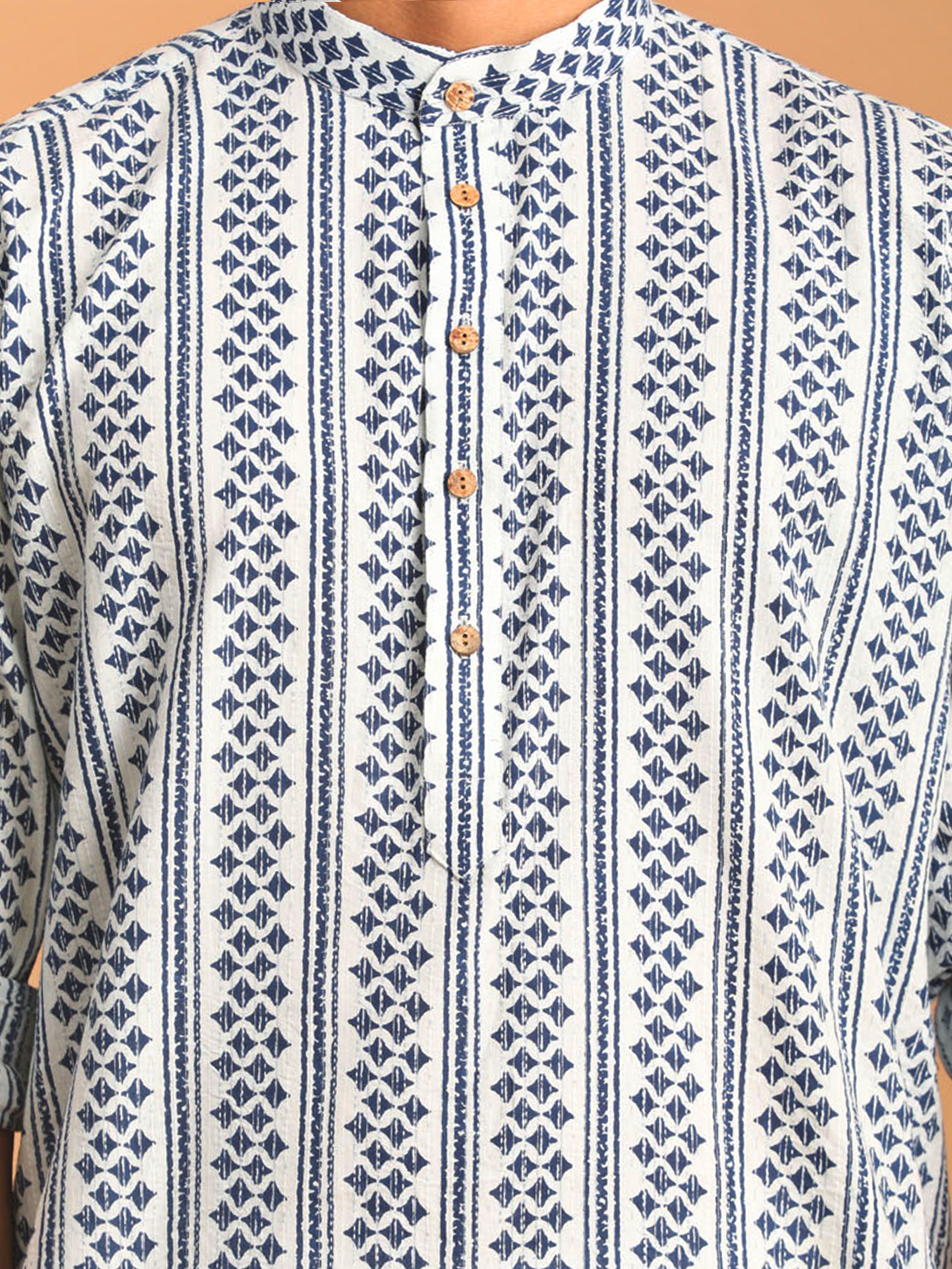 White & Blue Printed Cotton Kurta Pant Set for Men